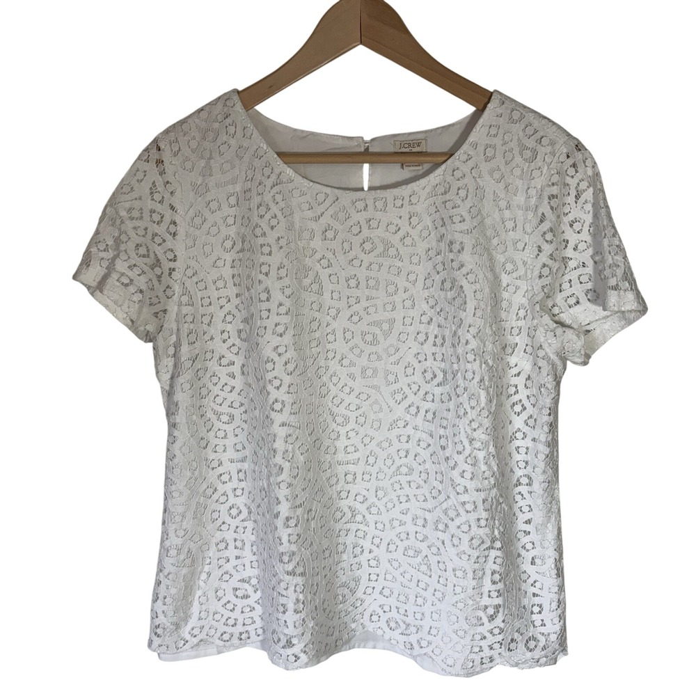 J Crew Lace Top Women's 12 Round Neck‎ White Short-Sleeve Minimalist Coastal